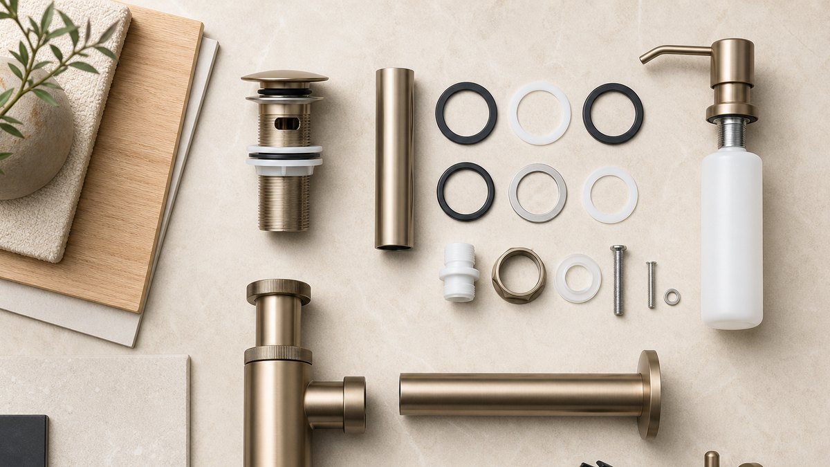 basin drain, bottle trap, seals and installation parts arranged for compatibility checking