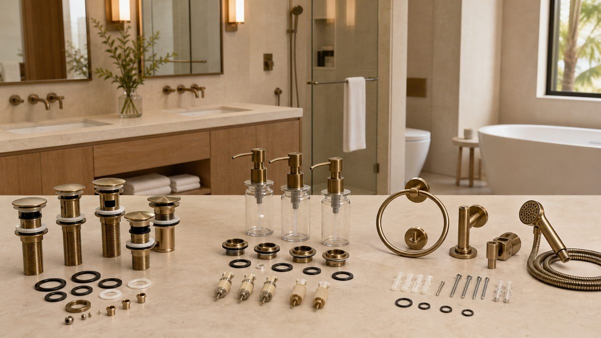 bathroom accessory SKU kits with drains dispensers towel and shower hardware