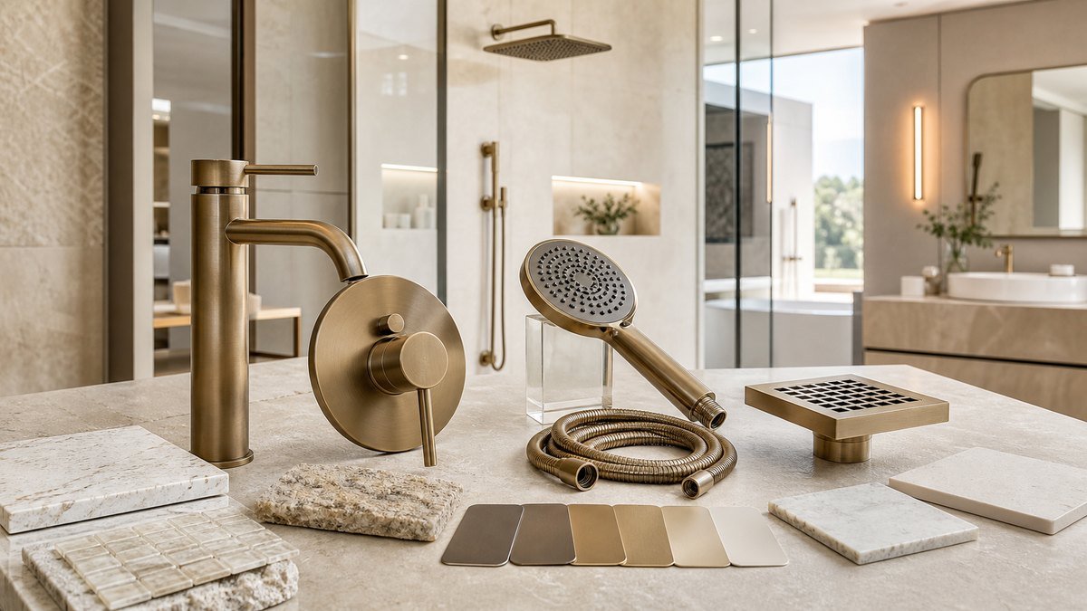 bathroom faucet rain shower drain and finish samples for mock-up approval