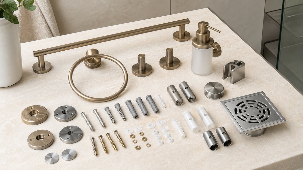 towel shower and soap dispenser hardware with anchors screws washers drain and installation parts
