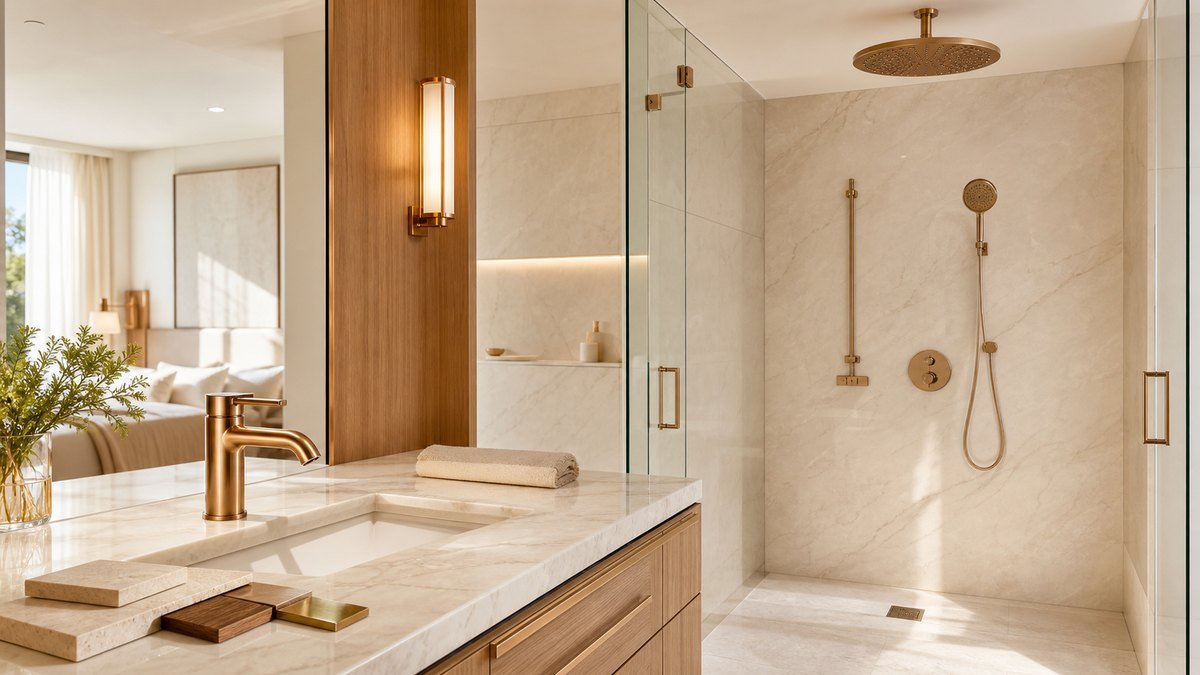 hotel bathroom faucet and large rain shower mock-up approval