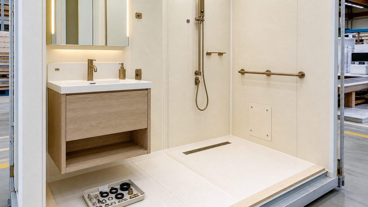prefabricated bathroom pod with coordinated drain dispenser shower and towel hardware
