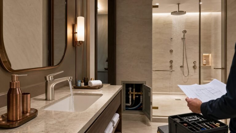 hotel bathroom faucet and large rain shower service planning