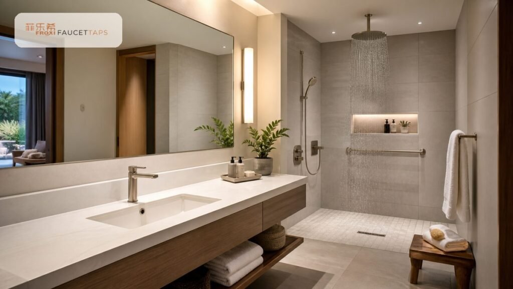 accessible bathroom sink faucet with large rain shower system