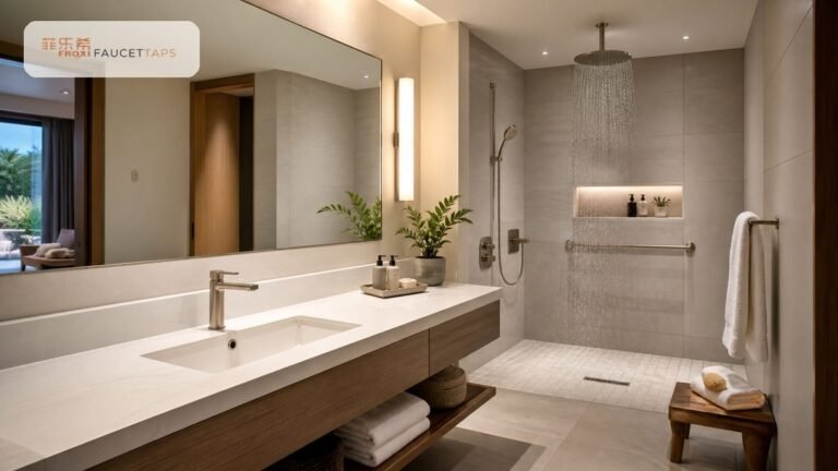accessible bathroom sink faucet with large rain shower system