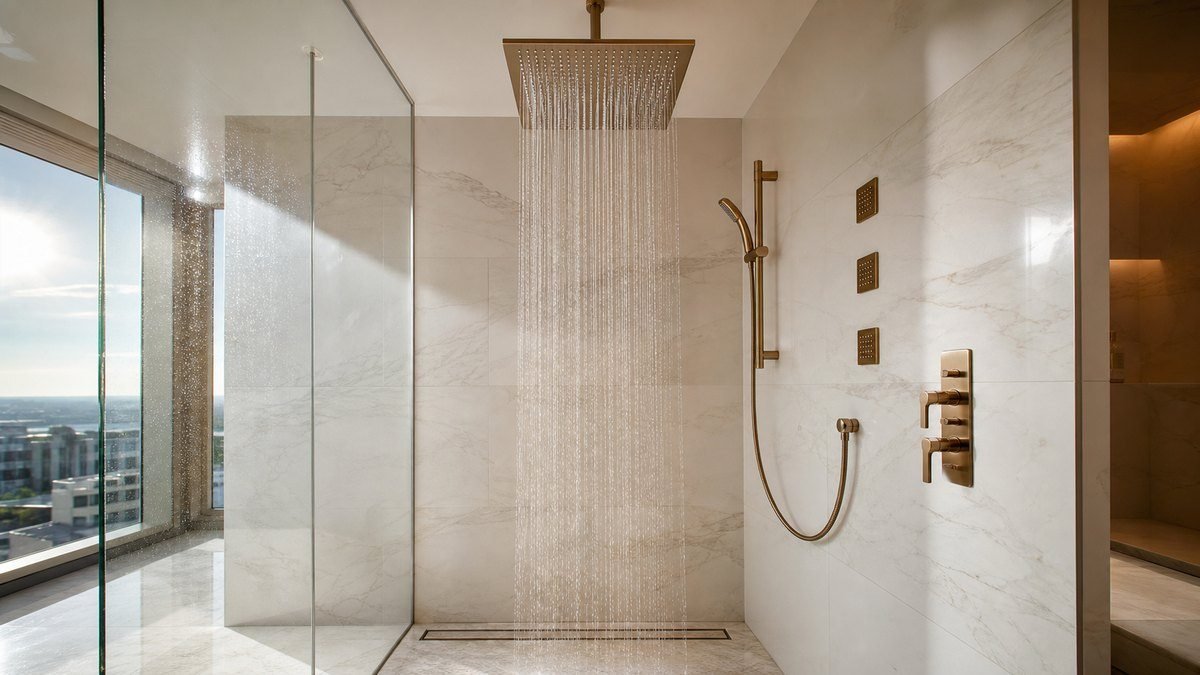 large rainfall shower with coordinated hand shower controls and finish samples