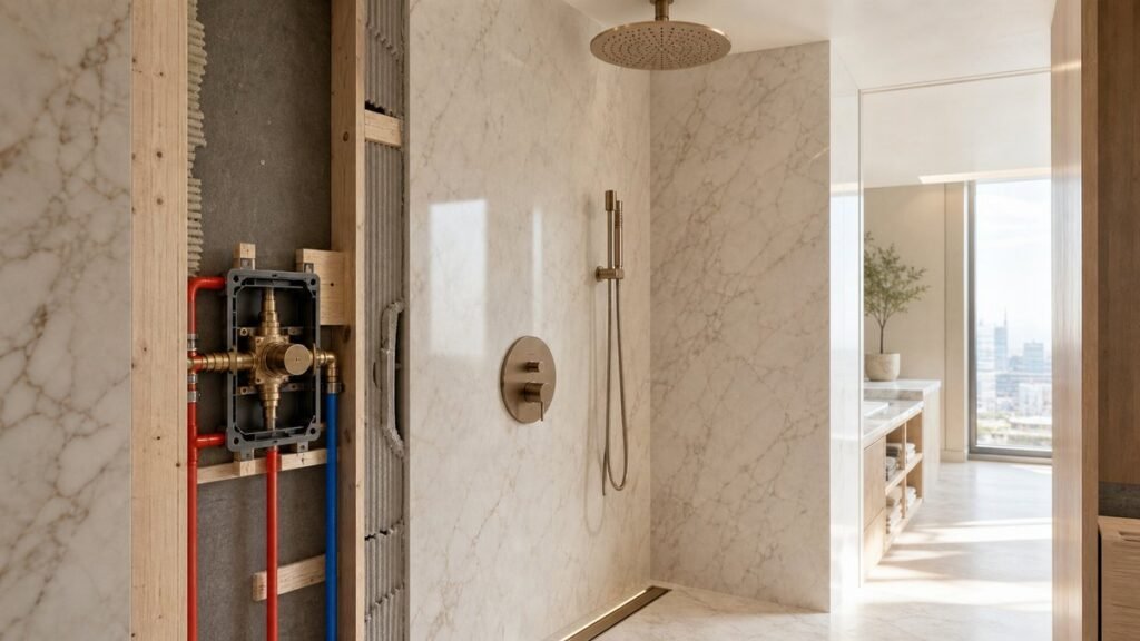 concealed rain shower rough-in before hotel bathroom tile closure