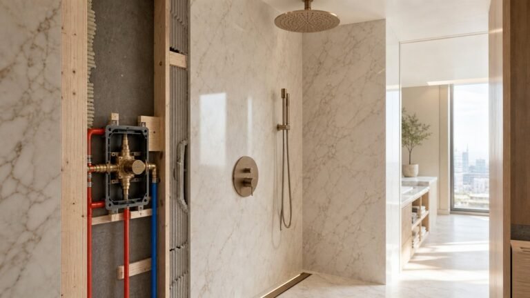 concealed rain shower rough-in before hotel bathroom tile closure