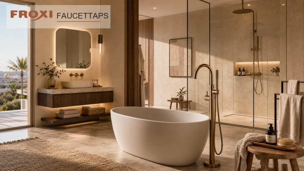 freestanding tub faucet planning with large rain shower for hotel suites and villas