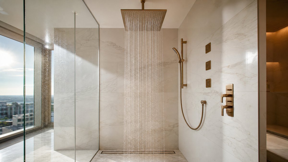 large rain shower system delivering even water coverage to a linear drain