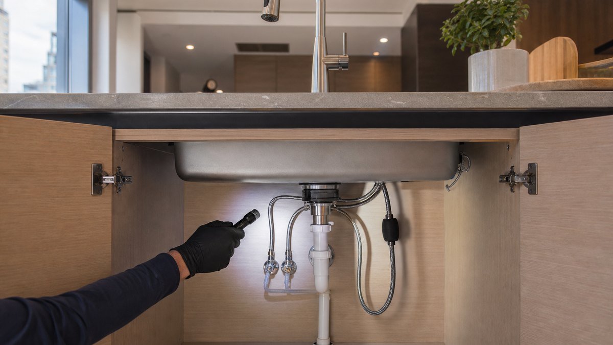 technician inspecting a pull-down kitchen faucet hose, shut-off valves and service parts