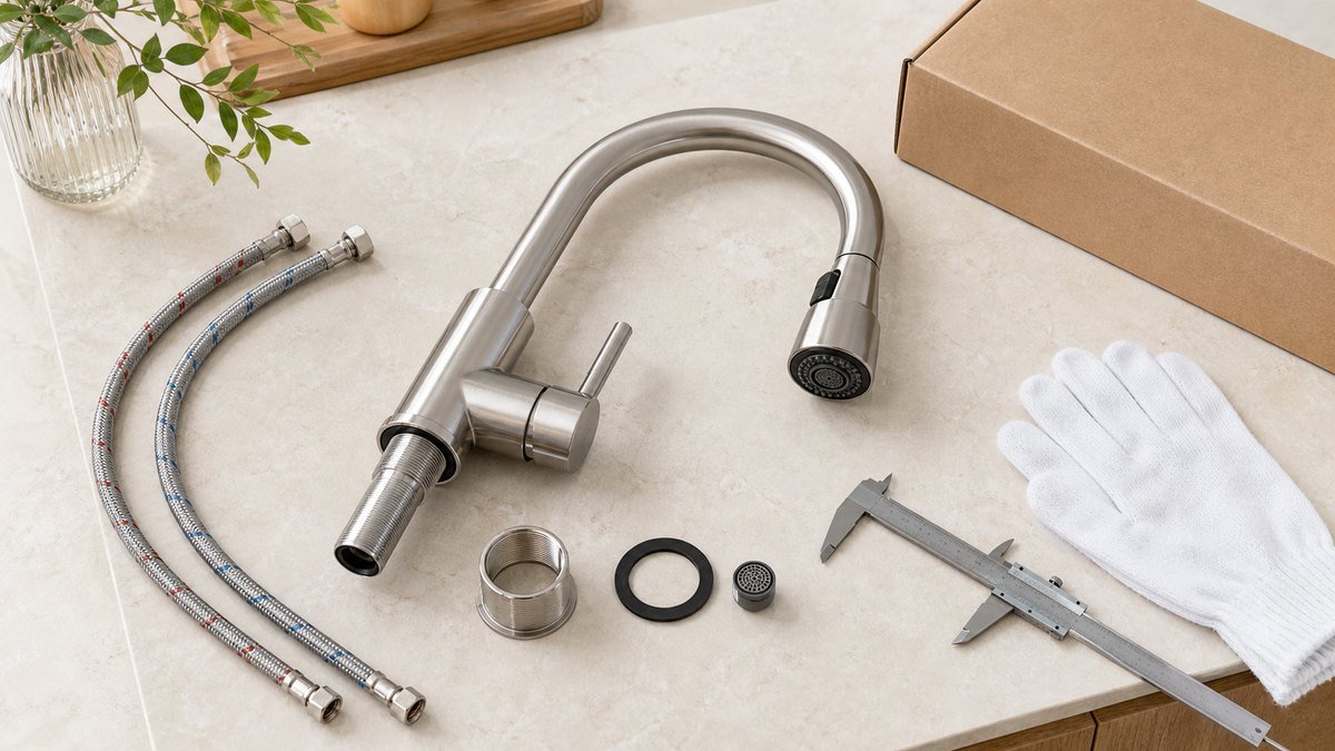 kitchen faucet inspection with hoses aerator mounting parts and export packaging