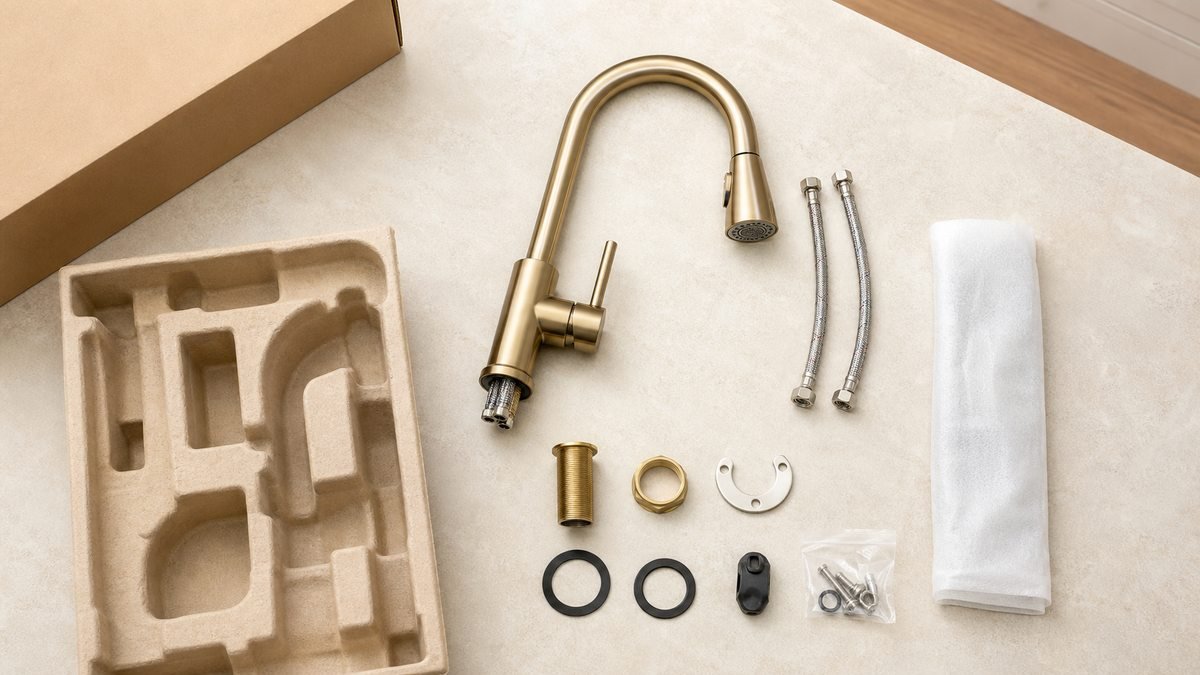 kitchen faucet arrival inspection layout with hoses seals and mounting parts