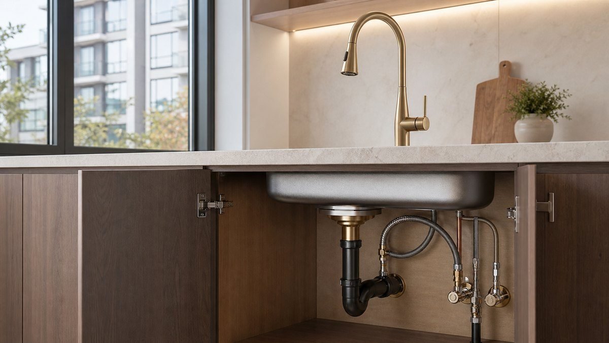 kitchen faucet under-sink supply hoses shutoff valves and drain connection