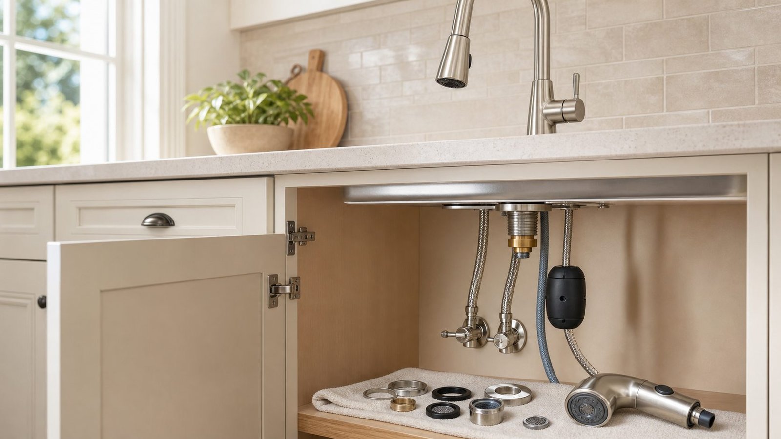 kitchen faucet installation handover with mounting parts hoses and service records