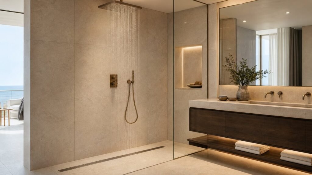 large rain shower drainage coordination in a premium hotel bathroom