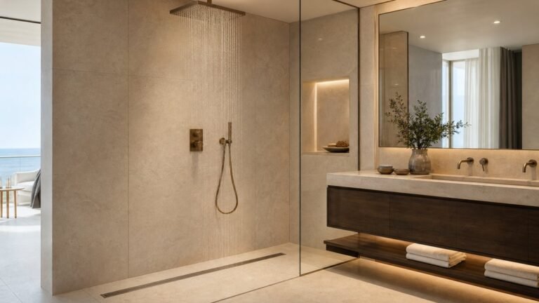 large rain shower drainage coordination in a premium hotel bathroom