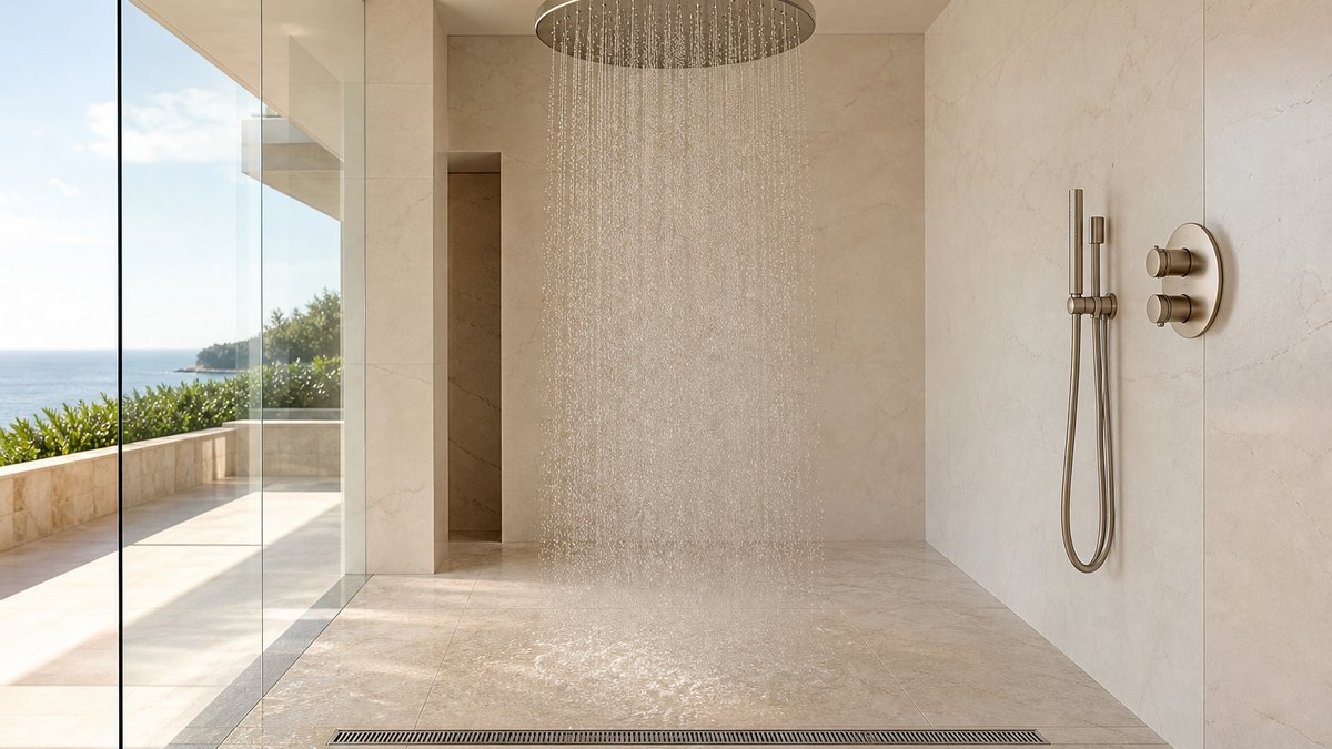 large rainfall shower aligned with a linear drain and correctly sloped stone floor