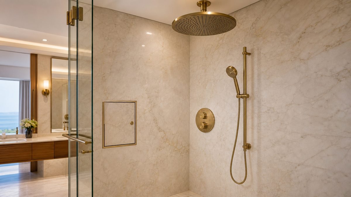 large rain shower system with coordinated valve trim and service access