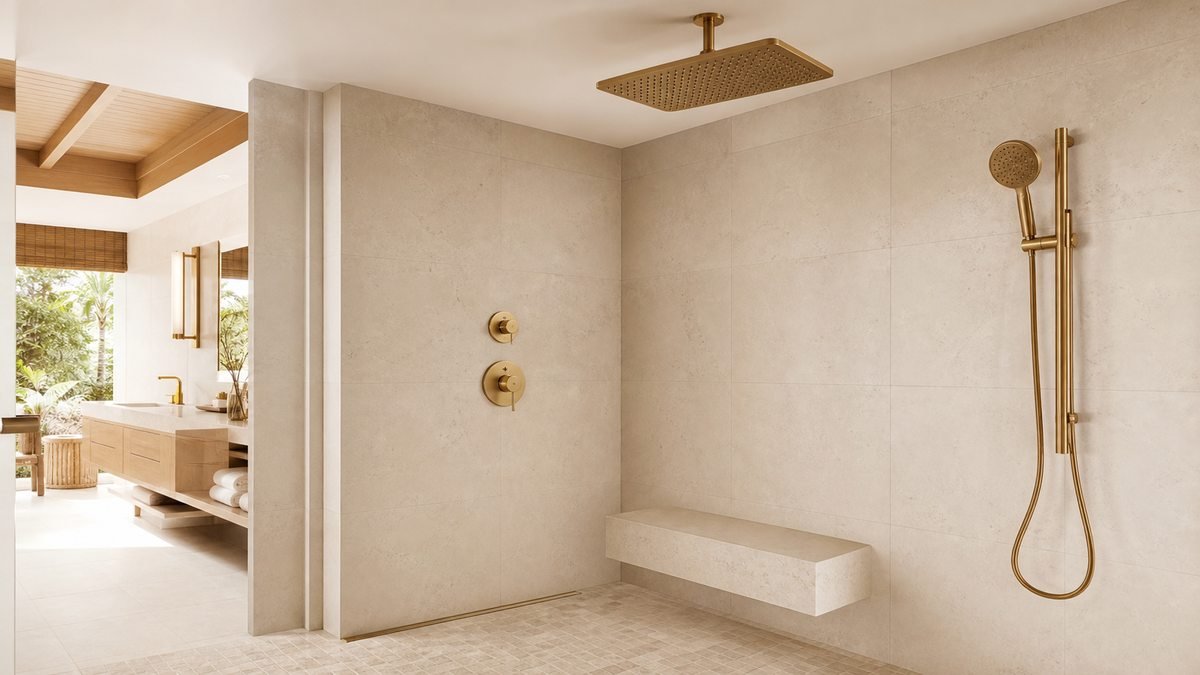 inclusive resort shower with large rain head hand shower controls and bench