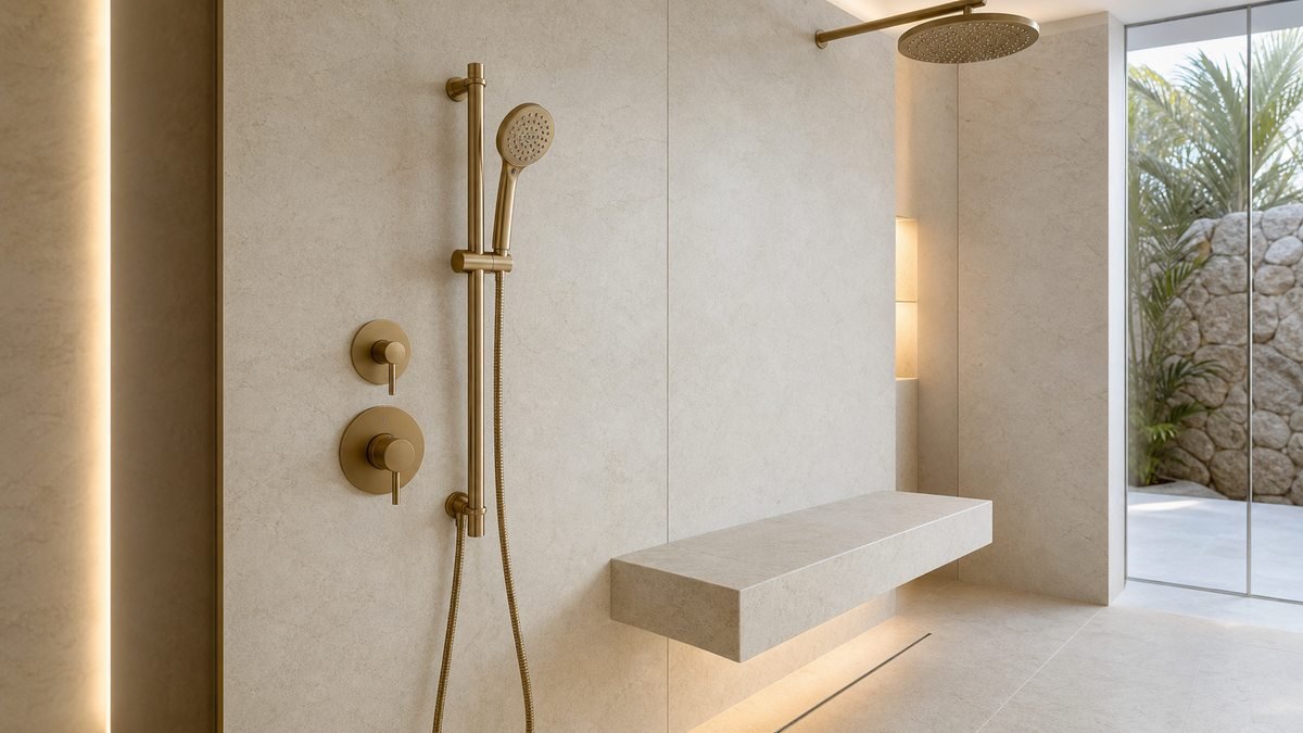 large rain shower hand shower controls and bench arranged for practical reach