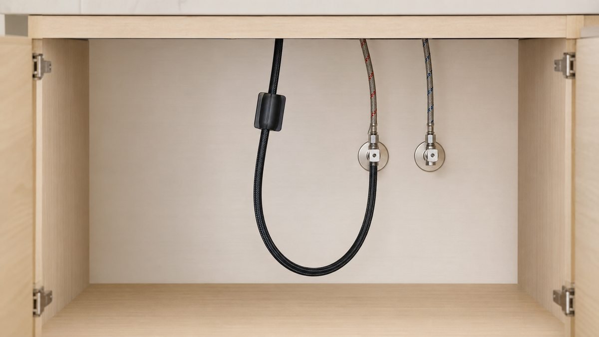 pull-down faucet hose loop and counterweight with unobstructed cabinet clearance