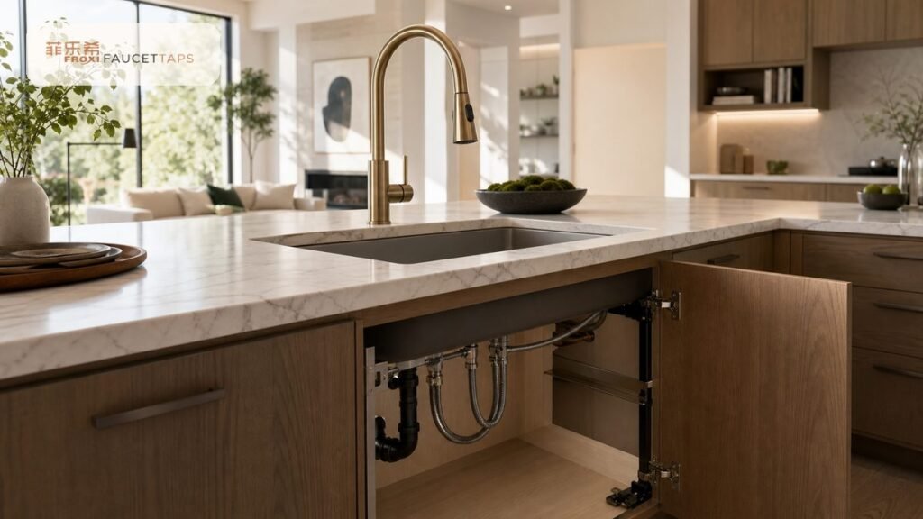 pull-down faucet in a warm island kitchen layout