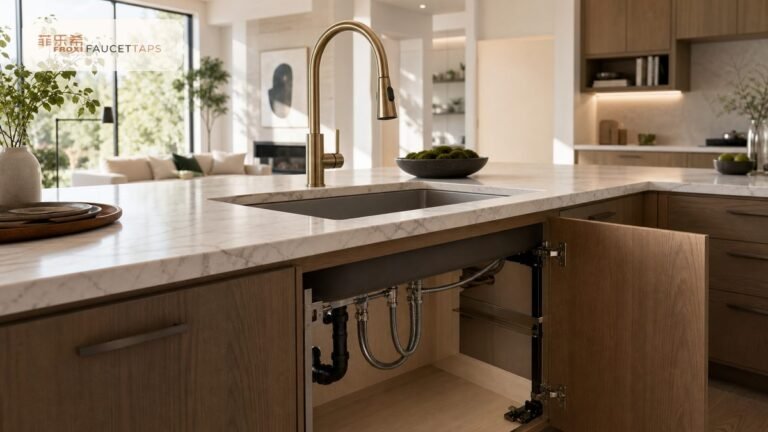 pull-down faucet in a warm island kitchen layout