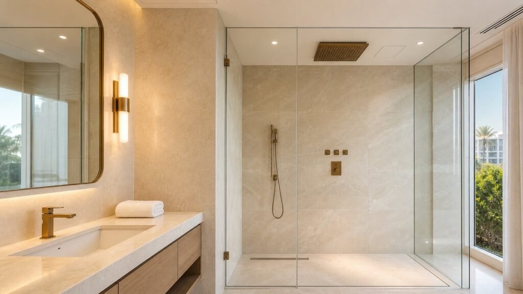 large rain shower ceiling coordination in a premium hotel bathroom
