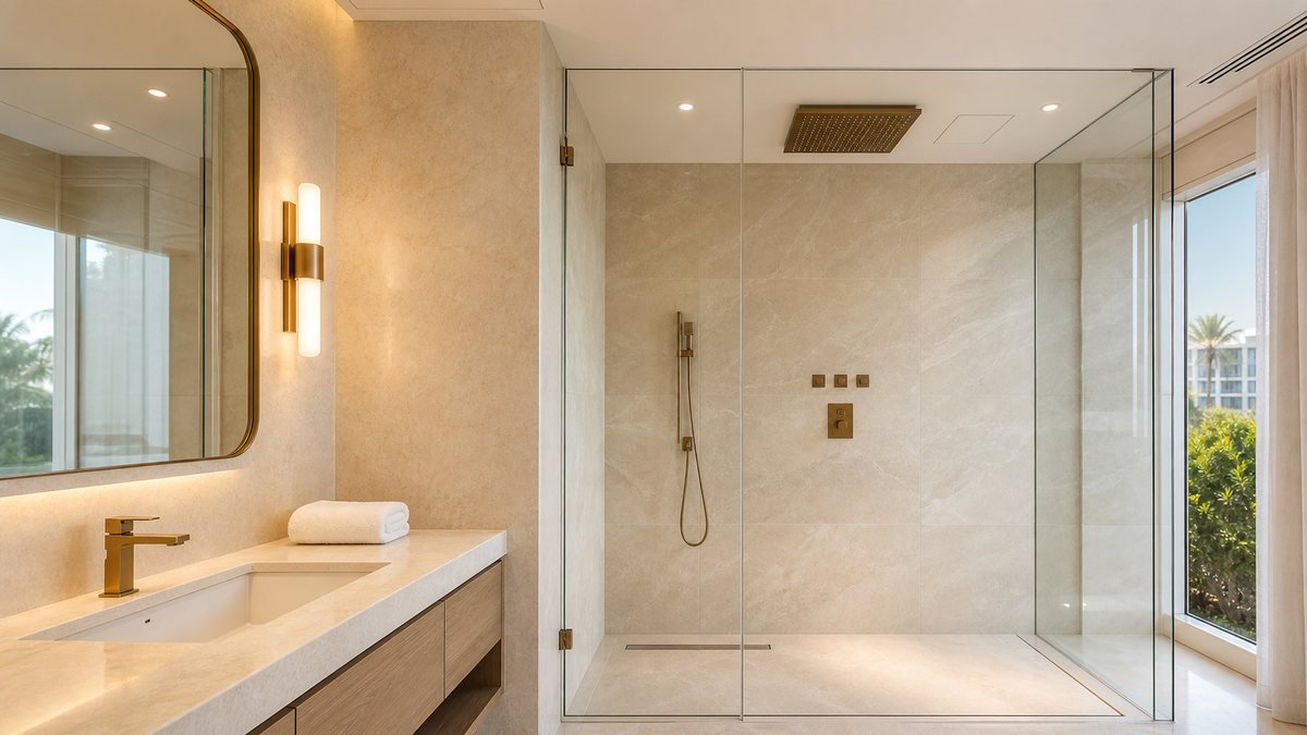 large rain shower ceiling coordination in a premium hotel bathroom