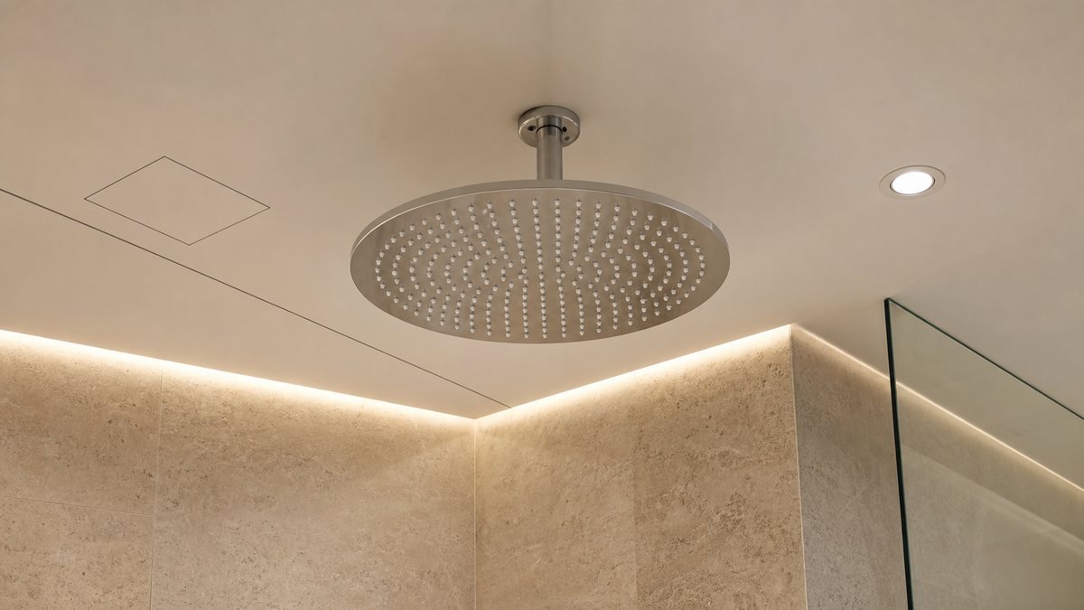 large ceiling mounted rainfall shower with lighting joints and service hatch coordination
