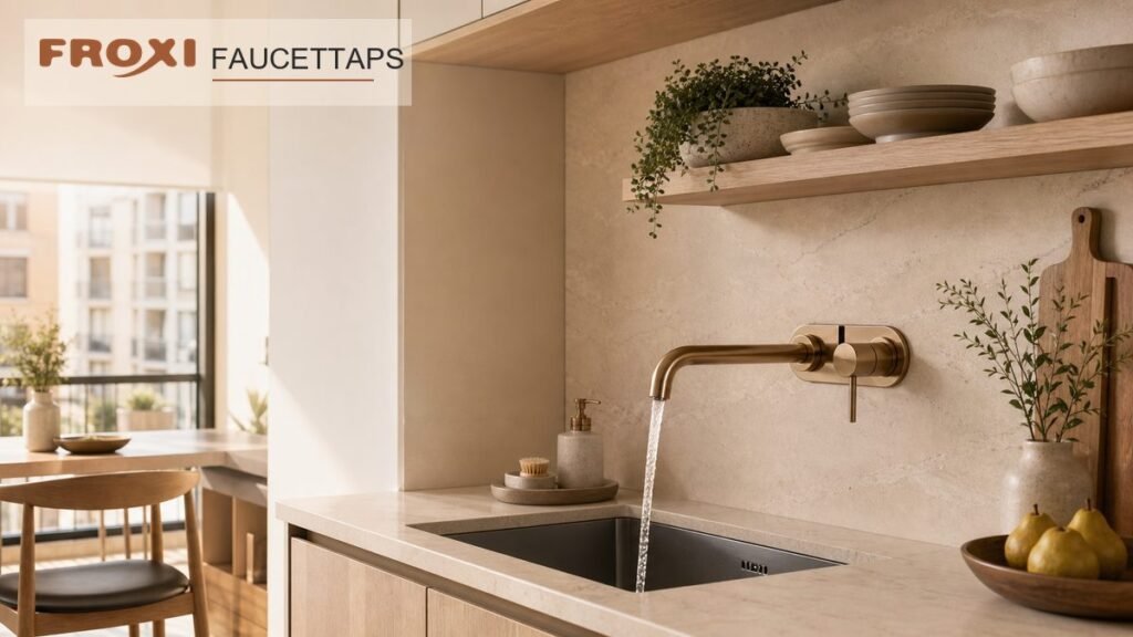 wall mounted kitchen faucet rough-in planning in a compact modern kitchen