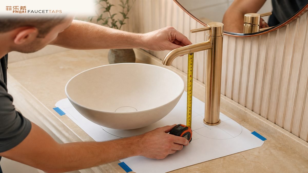 installer measuring tall basin faucet height and vessel sink clearance