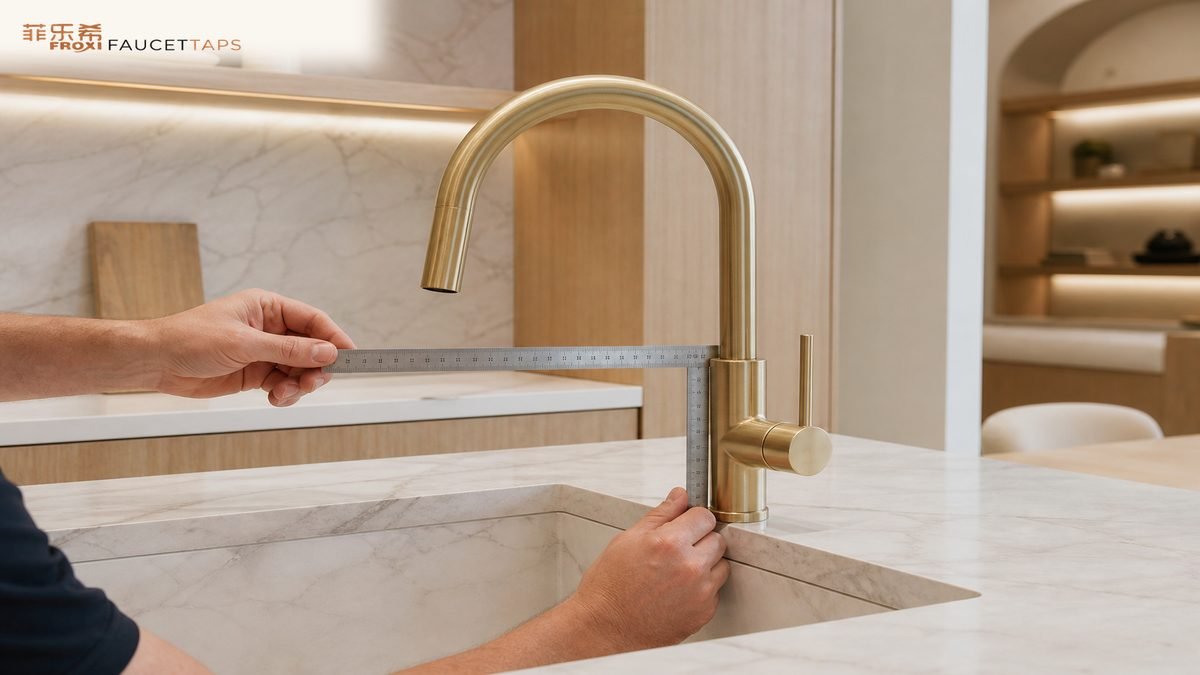 installer measuring kitchen faucet spout reach and handle clearance